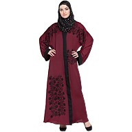 Front open embroidered Dubai abaya- Maroon